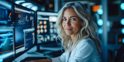 Woman sitting in front of multiple monitors looks forward, Support Services | DXC Technology